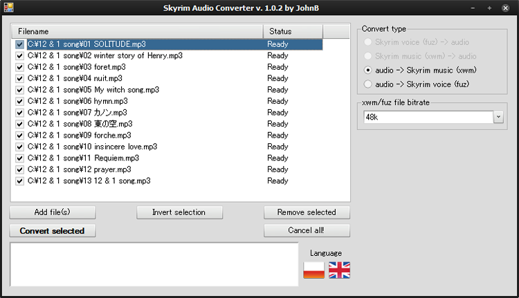 Skyrim Audio Converter、変換したいファイルをドラッグ＆ドロップしたときの模様
